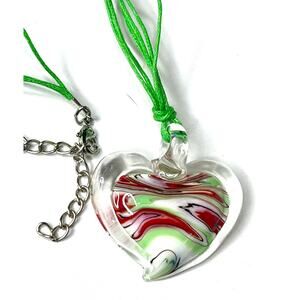 Murano Glass Heart Necklace 19" 21" Multi Strand Green Rope Artisan
